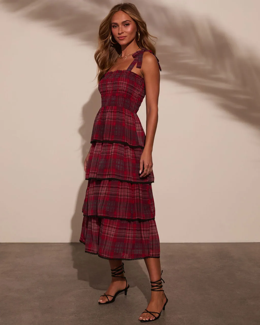 Sway With Me Tiered Plaid Midi Dress