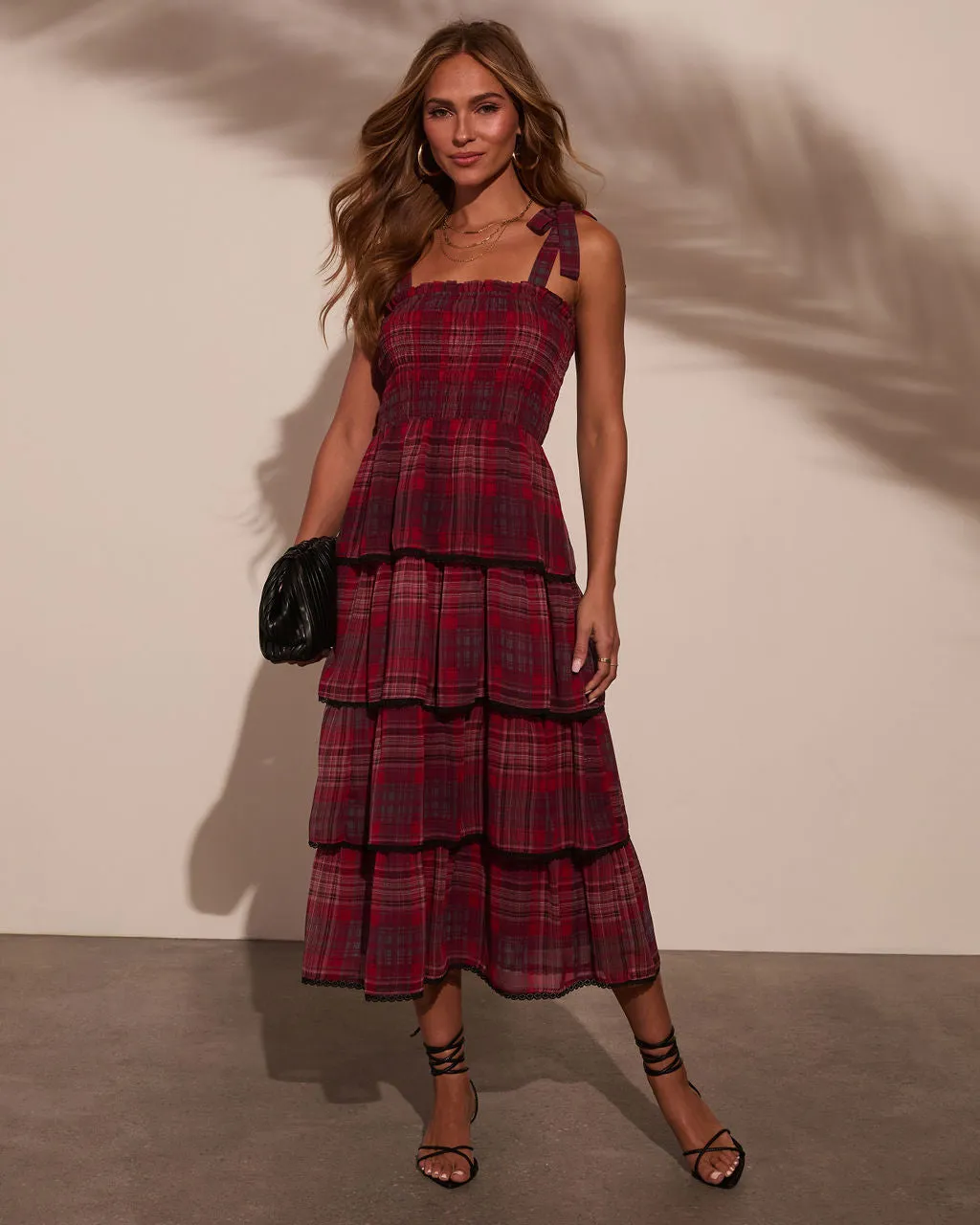 Sway With Me Tiered Plaid Midi Dress