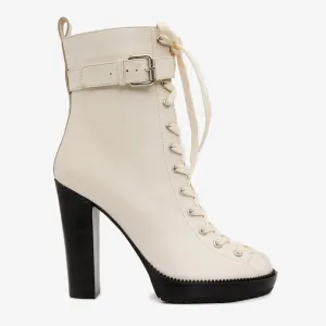 The Estrada Cream Leather Lace-Up Platform Heel Mid Calf Women Boot