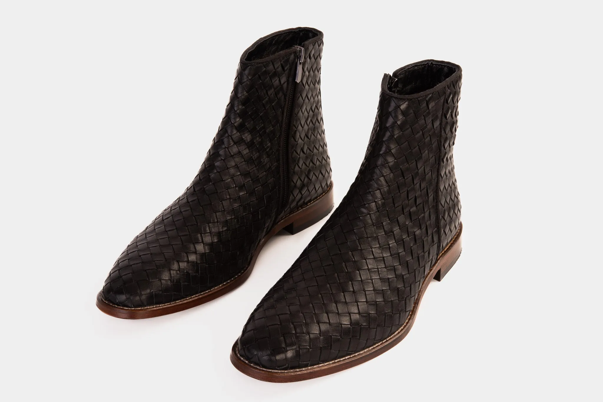 The Wellington Black Handwoven Leather Men Boot with a Zipper