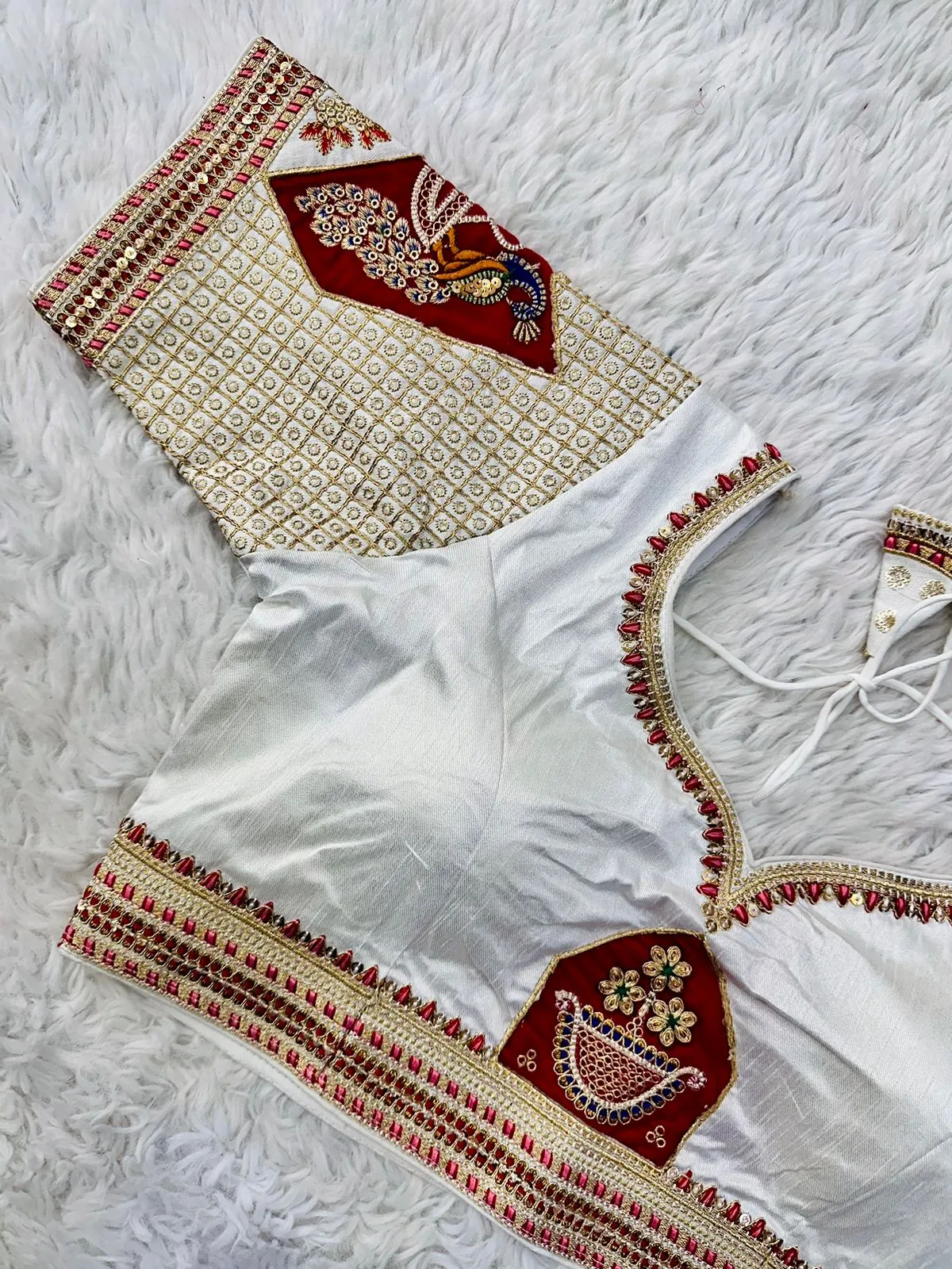 White Handcrafted Sequined Blouse in Dilkush Silk