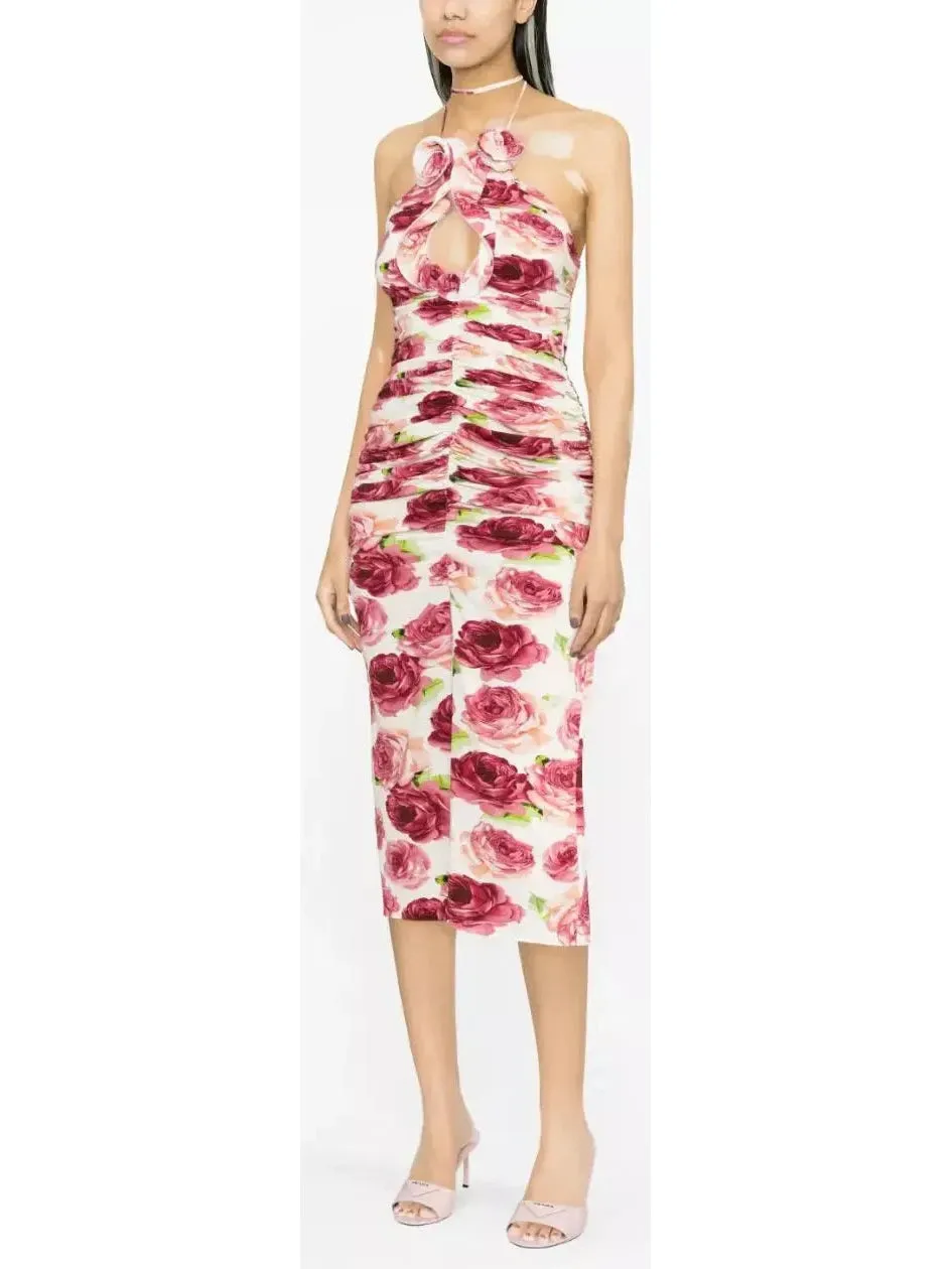 Women’s 3d Floral-Print Ruched Halter Dress