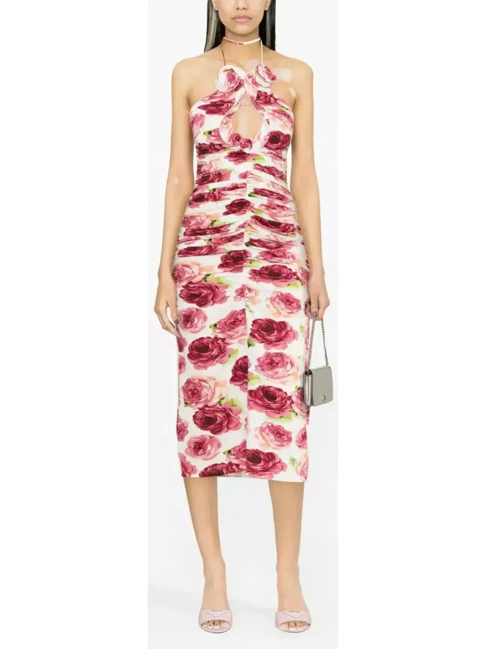 Women’s 3d Floral-Print Ruched Halter Dress