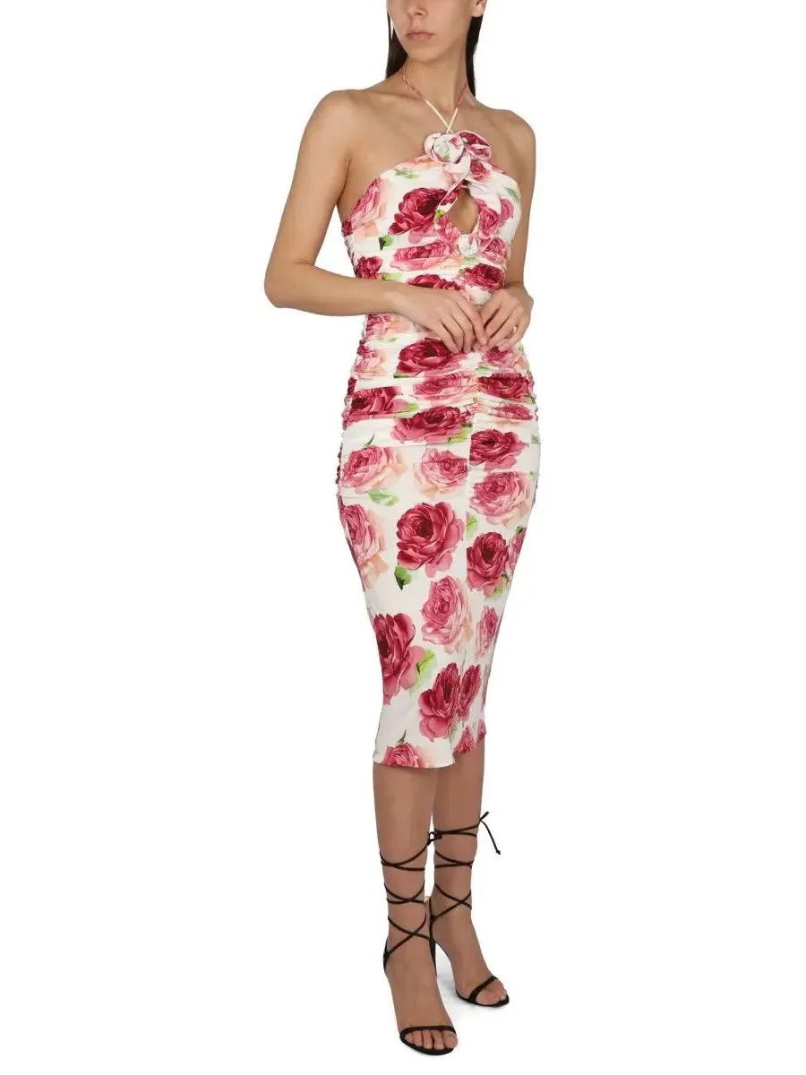 Women’s 3d Floral-Print Ruched Halter Dress