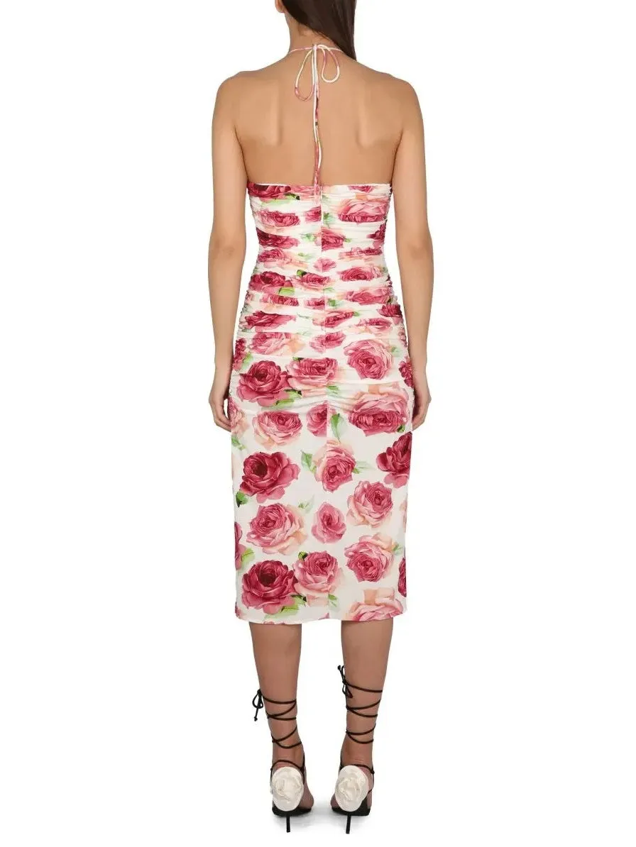 Women’s 3d Floral-Print Ruched Halter Dress