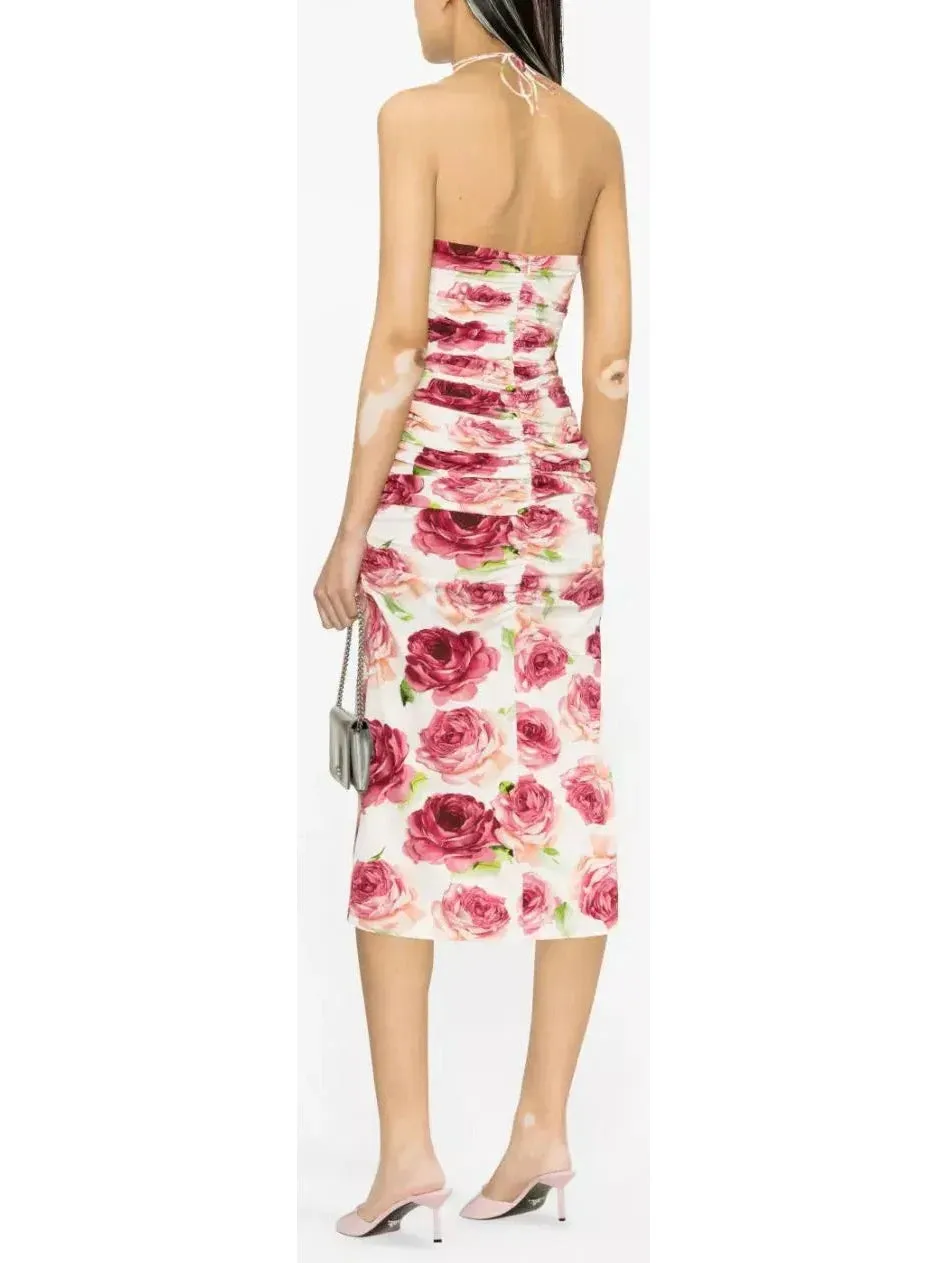 Women’s 3d Floral-Print Ruched Halter Dress