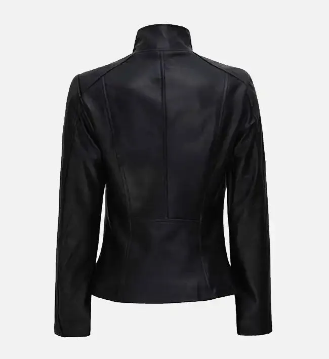 Women’s Black Flap Closure Cafe Racer Leather Jacket