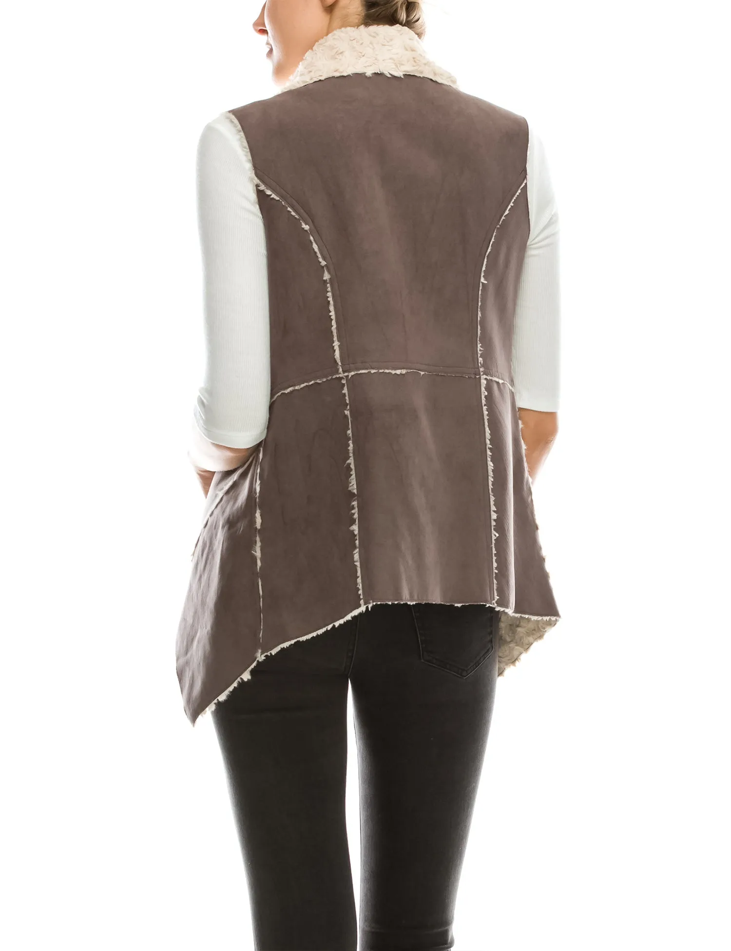 Womens Classic Faux Fur Shearing Fully Lined Suede Vest Coat