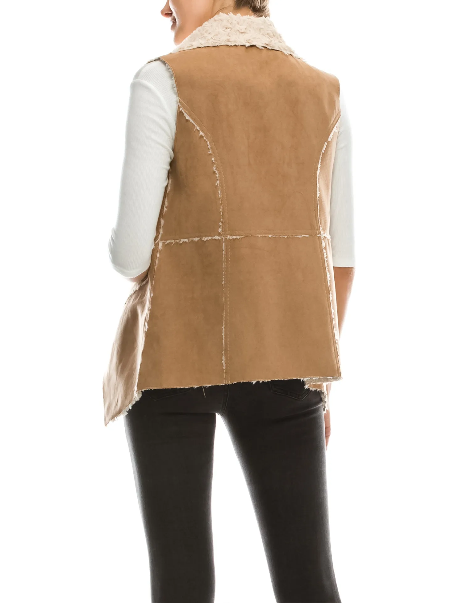 Womens Classic Faux Fur Shearing Fully Lined Suede Vest Coat