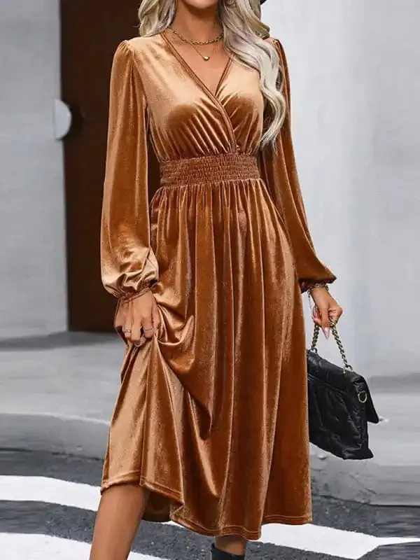 Women’s elegant commuting V-neck pleated high-waisted long dress