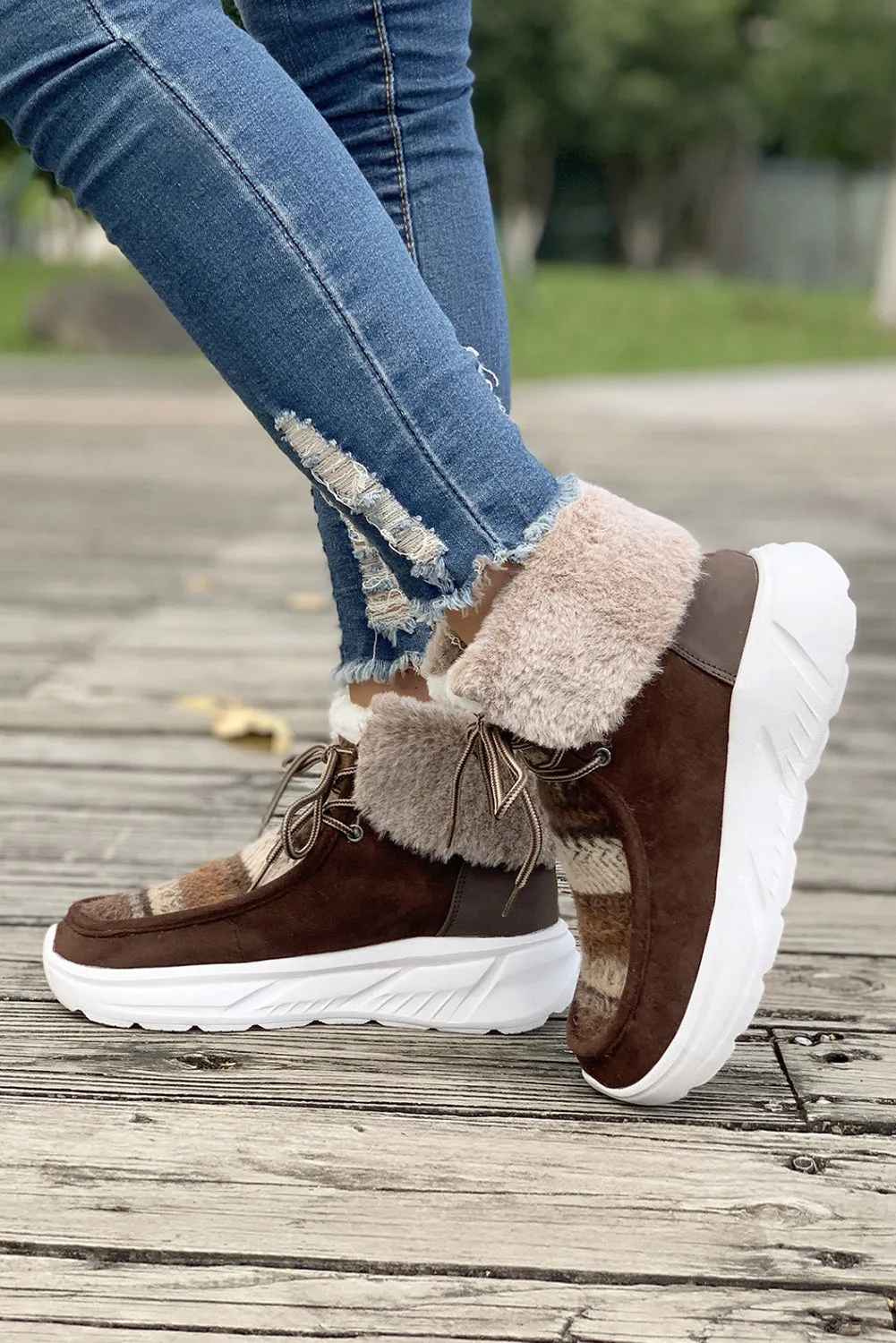 Women's Plush Suede Patched Lace Up Ankle Boots