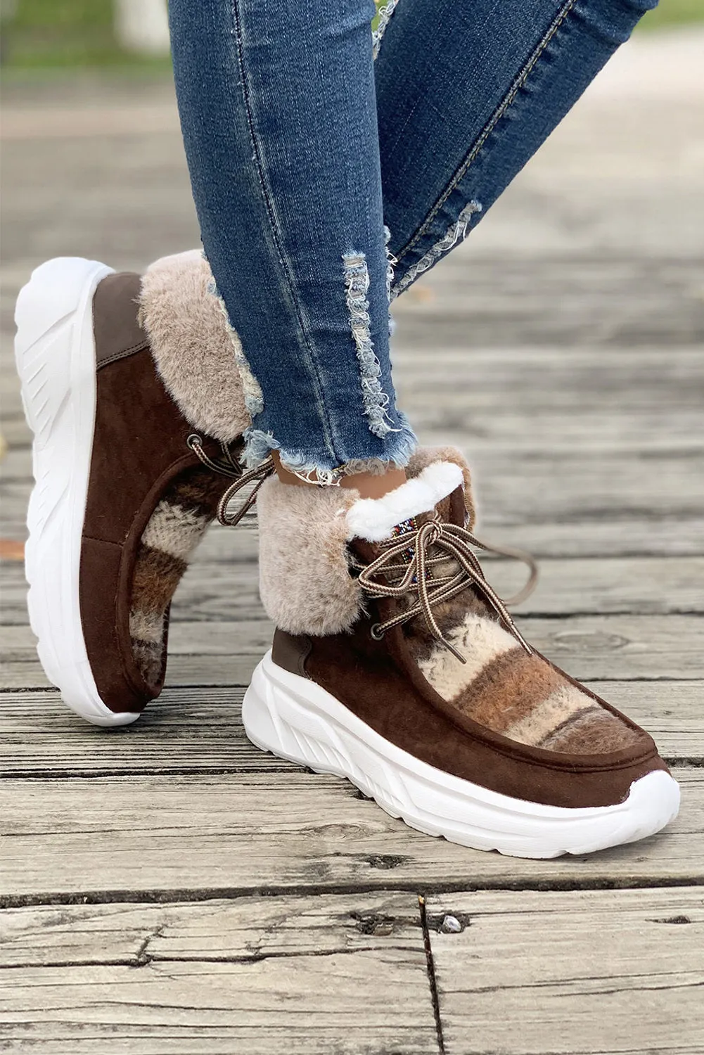 Women's Plush Suede Patched Lace Up Ankle Boots