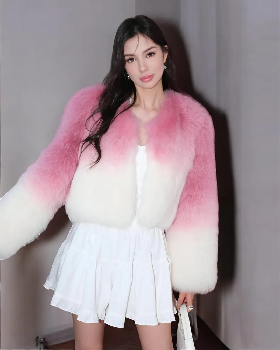 Women's Short Pink & White Gradient Fox Fur Jacket