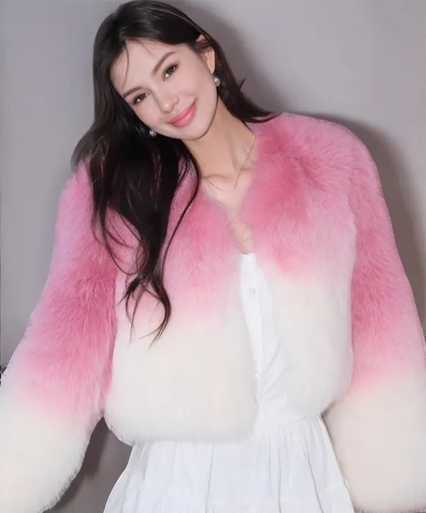 Women's Short Pink & White Gradient Fox Fur Jacket