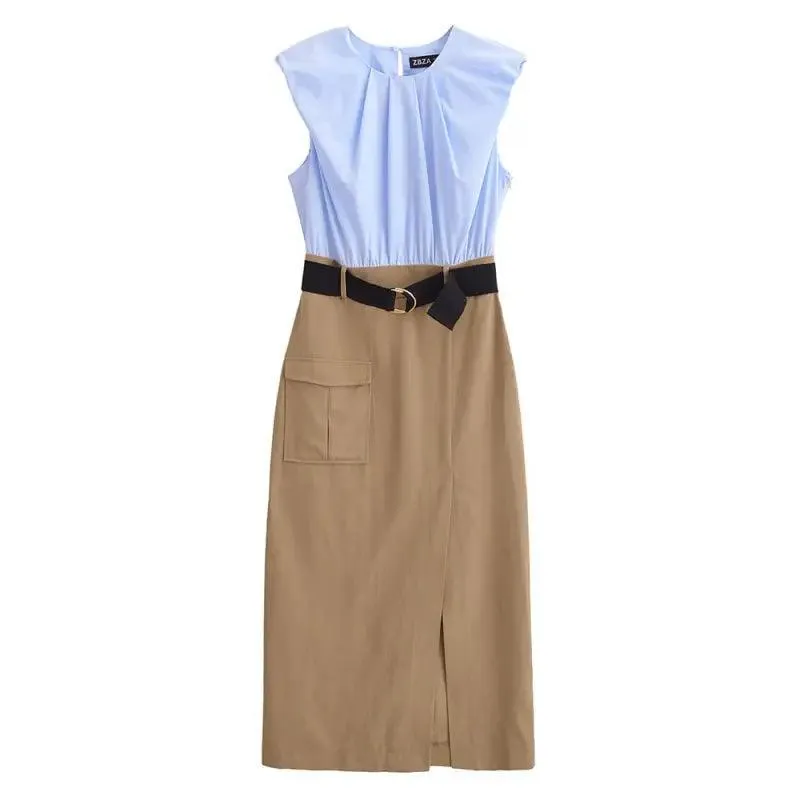 Women’s Sweet Fresh Elegant Holiday Wind Belt Belt Contrast Color Midi Skirt Dress