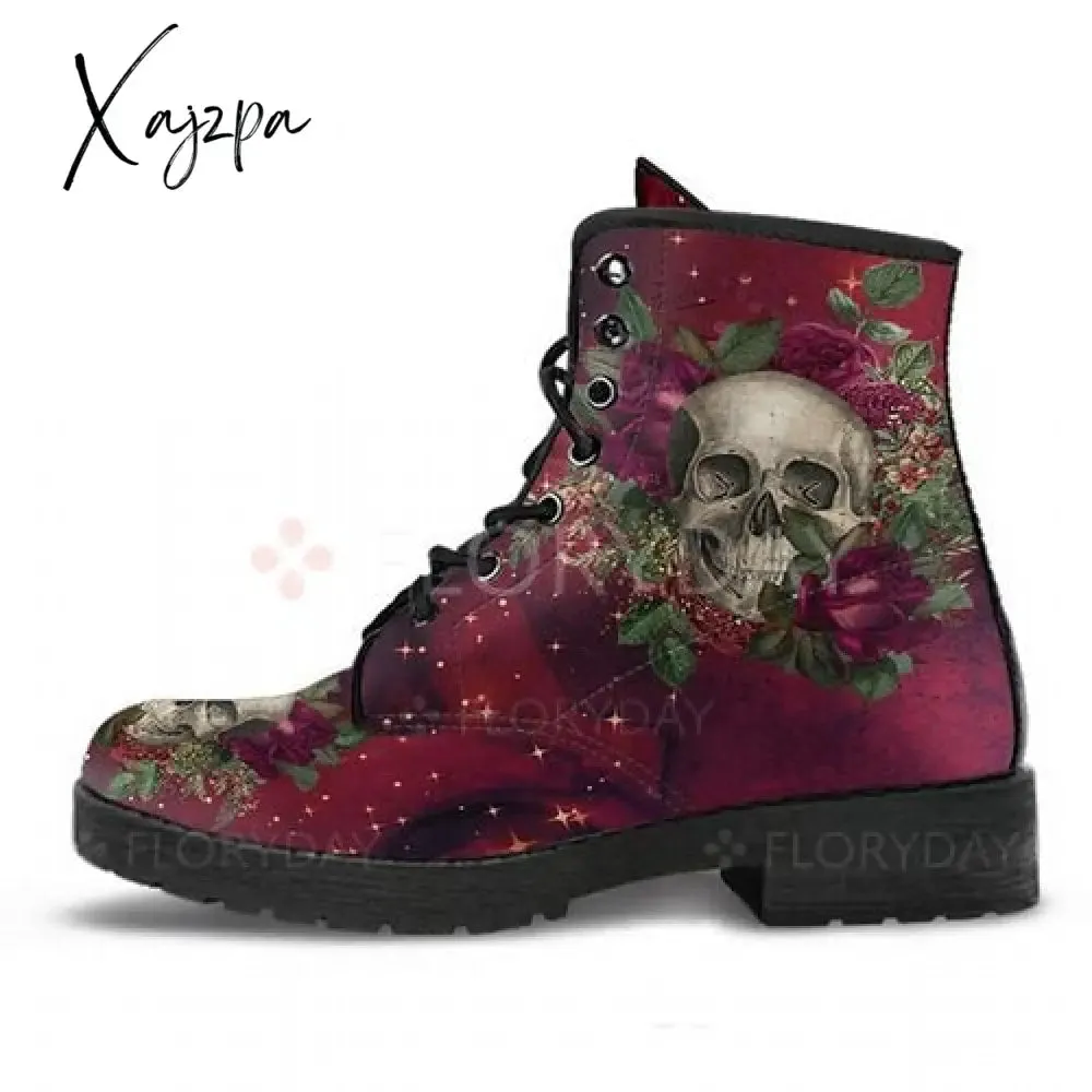 Xajzpa - HOT Skeleton Women Snow Ankle Boots Motorcycle Skull Pansy Low Heels Shoes Vintage Pu Leather Warm Winter Increase The 43