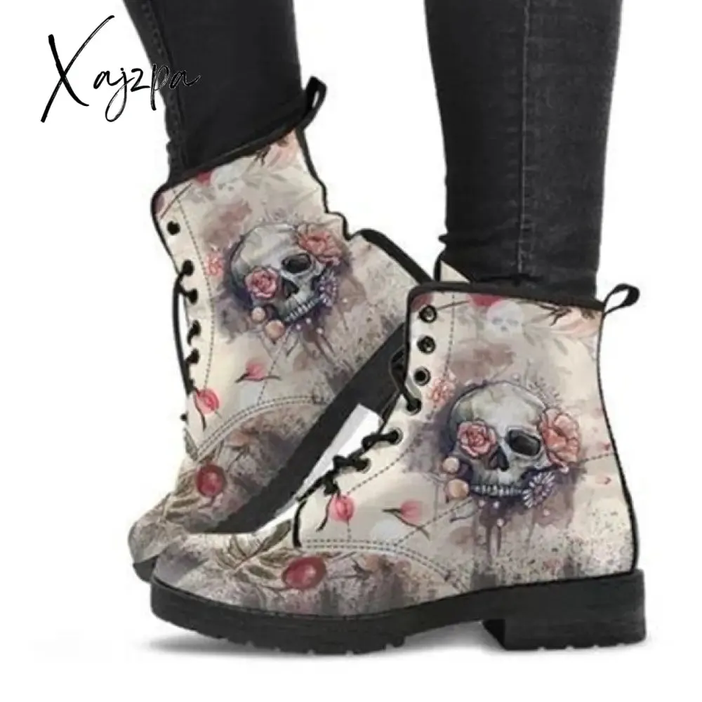 Xajzpa - HOT Skeleton Women Snow Ankle Boots Motorcycle Skull Pansy Low Heels Shoes Vintage Pu Leather Warm Winter Increase The 43