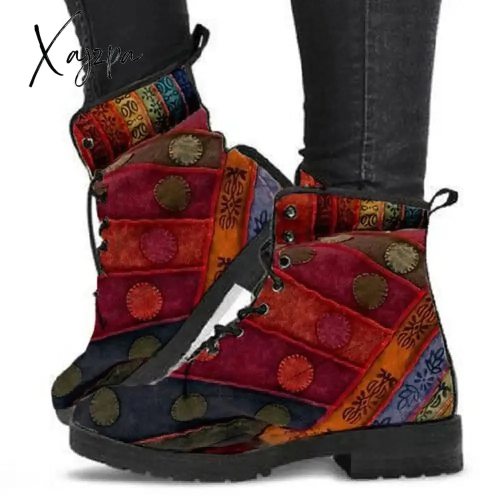 Xajzpa - HOT Skeleton Women Snow Ankle Boots Motorcycle Skull Pansy Low Heels Shoes Vintage Pu Leather Warm Winter Increase The 43