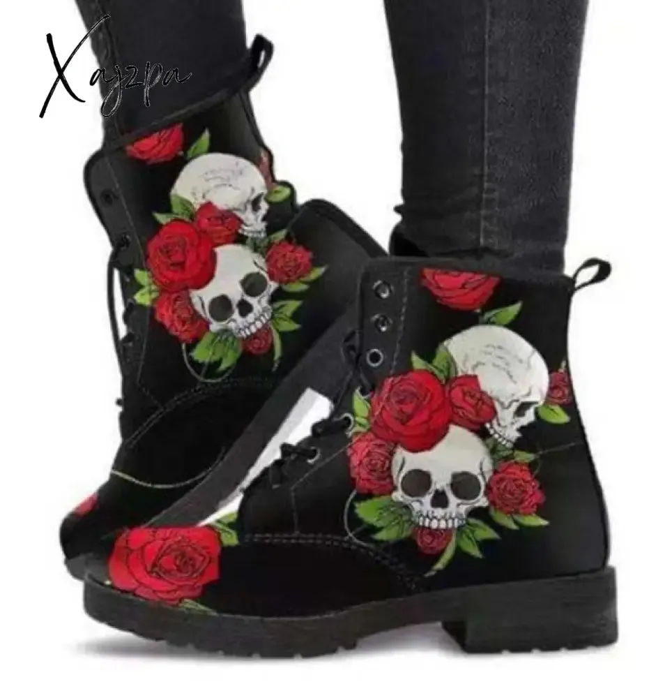 Xajzpa - HOT Skeleton Women Snow Ankle Boots Motorcycle Skull Pansy Low Heels Shoes Vintage Pu Leather Warm Winter Increase The 43