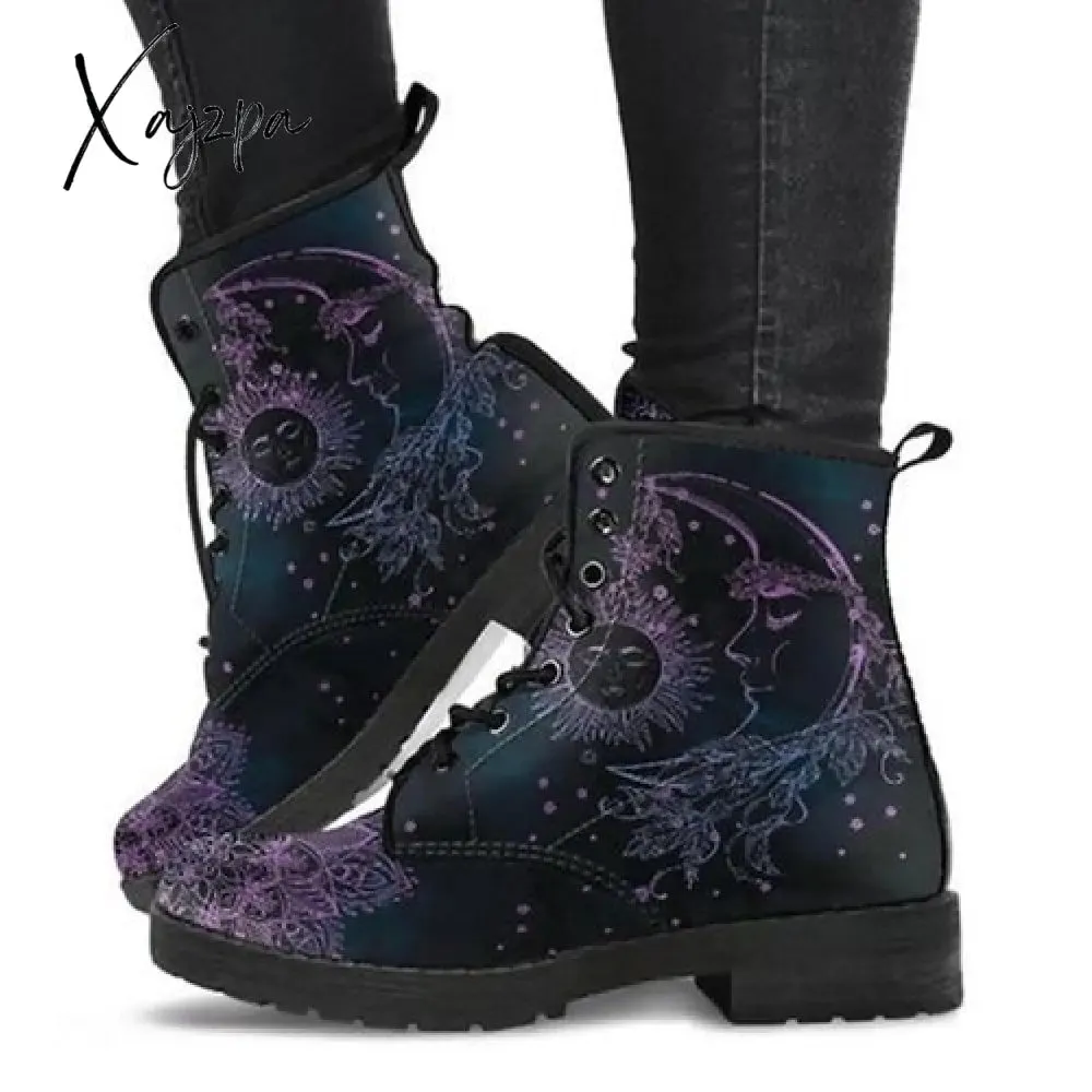 Xajzpa - HOT Skeleton Women Snow Ankle Boots Motorcycle Skull Pansy Low Heels Shoes Vintage Pu Leather Warm Winter Increase The 43