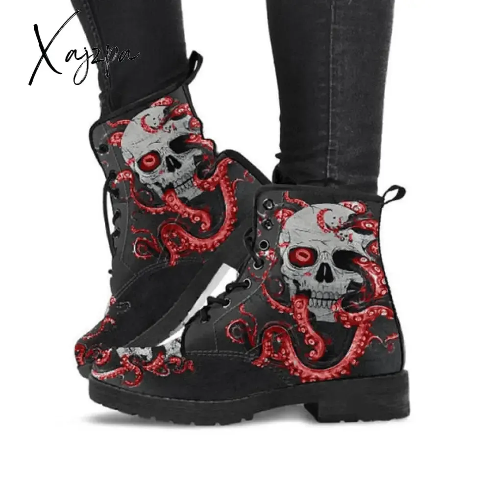 Xajzpa - HOT Skeleton Women Snow Ankle Boots Motorcycle Skull Pansy Low Heels Shoes Vintage Pu Leather Warm Winter Increase The 43