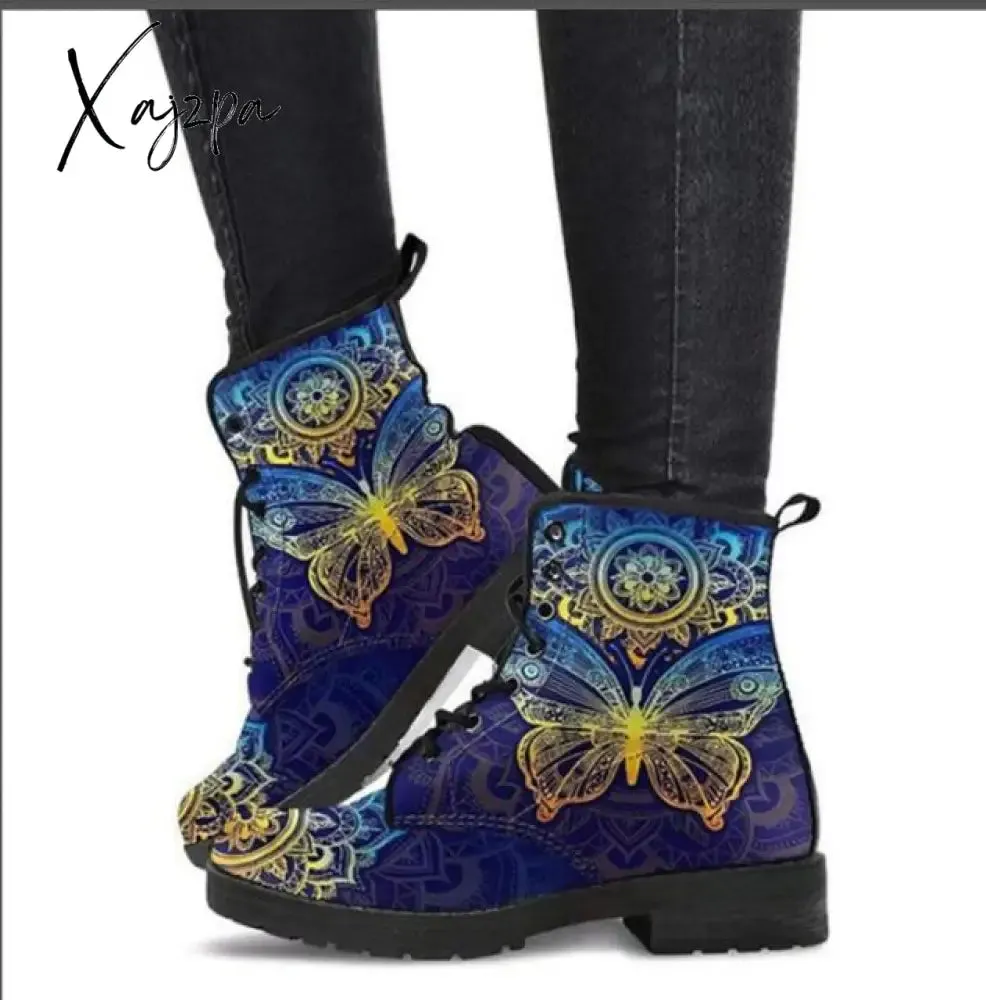 Xajzpa - HOT Skeleton Women Snow Ankle Boots Motorcycle Skull Pansy Low Heels Shoes Vintage Pu Leather Warm Winter Increase The 43