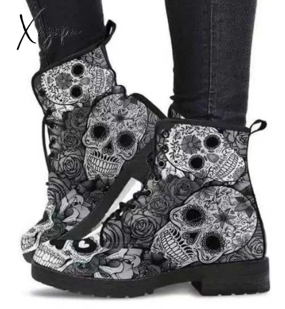 Xajzpa - HOT Skeleton Women Snow Ankle Boots Motorcycle Skull Pansy Low Heels Shoes Vintage Pu Leather Warm Winter Increase The 43