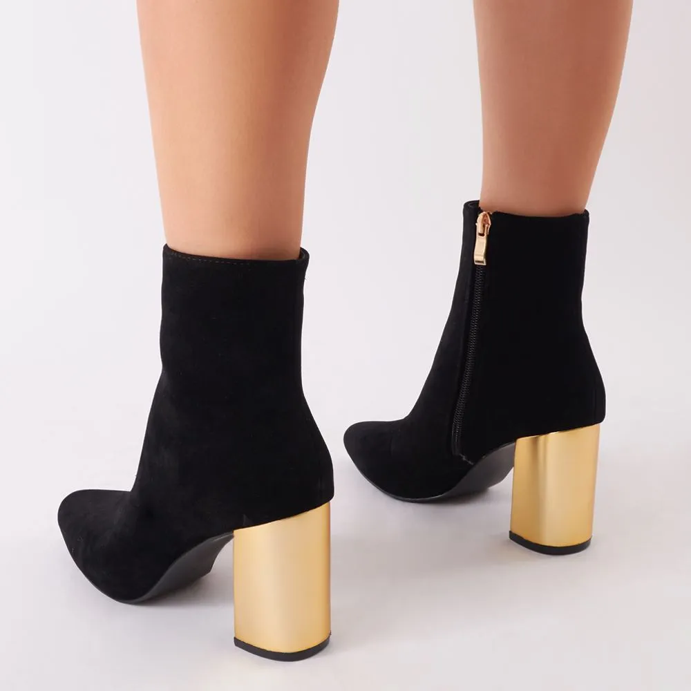 Zodiac Statement Block Heel Ankle Boots In Black Faux Suede